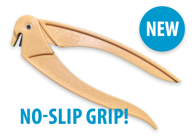 an umbili-CUTTER with the words NO-SLIP GRIP! across the bottom and a blue NEW badge in the upper right corner of the graphic